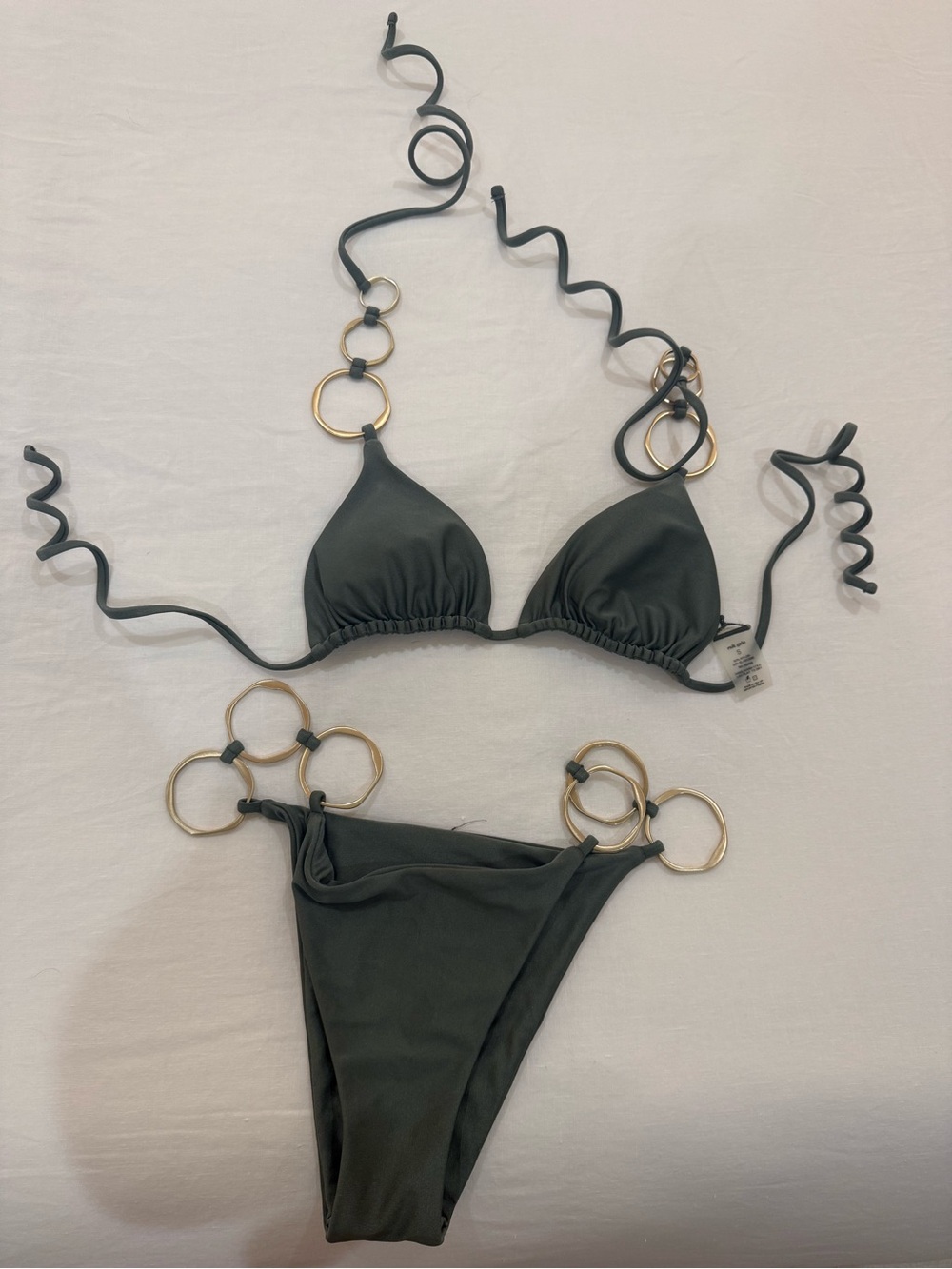 Cult Gaia Olive Green Ring-Detail Triangle Bikini Top & Bottom Set - Small